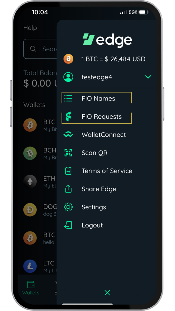 View FIO Names and send a FIO Request by navigating to the side menu 
